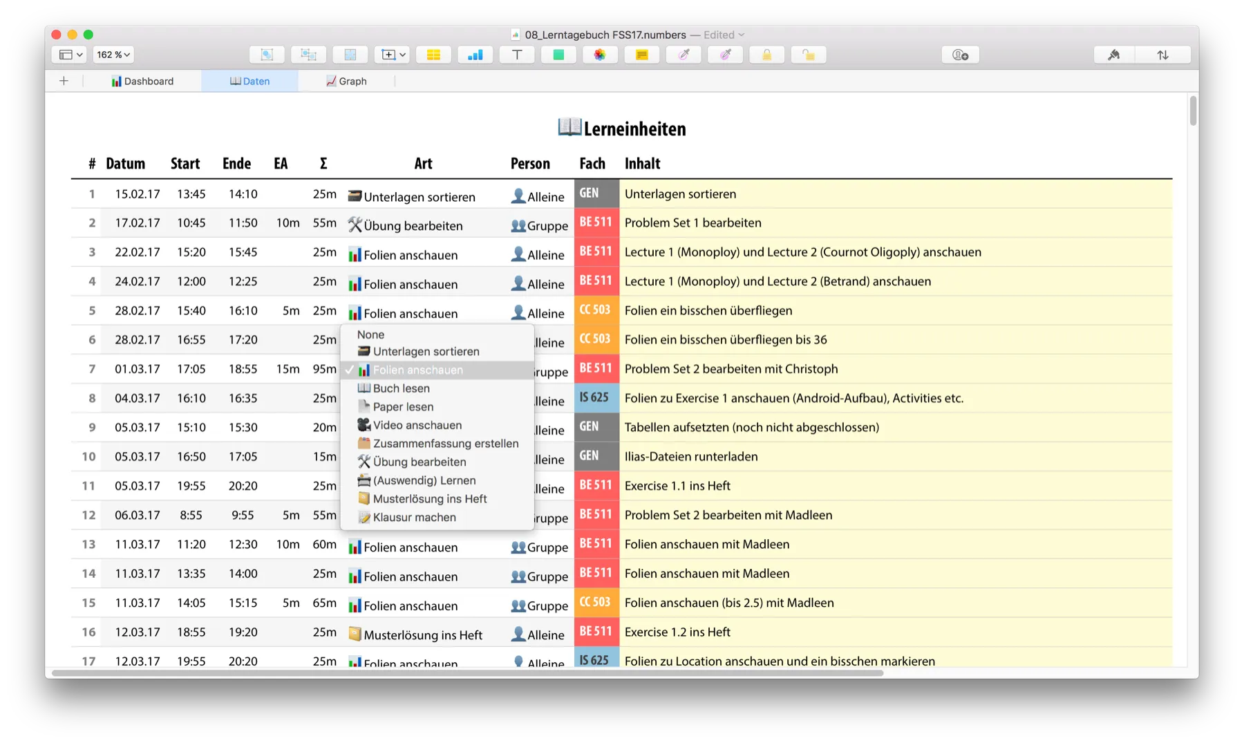 Im Screenshot sieht man den Picker zur Auswahl der Lernart.